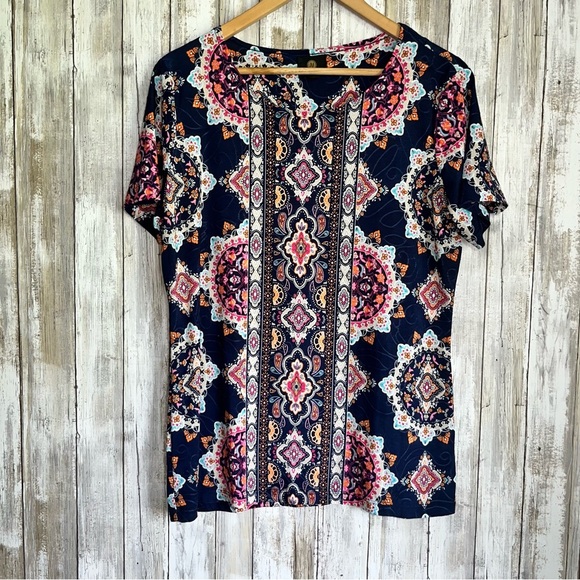 JM Collection Paisley Print Stitch Tee - Picture 1 of 5